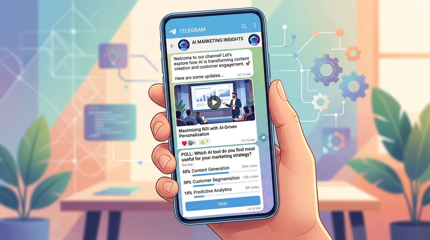 смартфон с открытым Telegram-каналом, на экране разнообразный контент: текст, видео, опрос