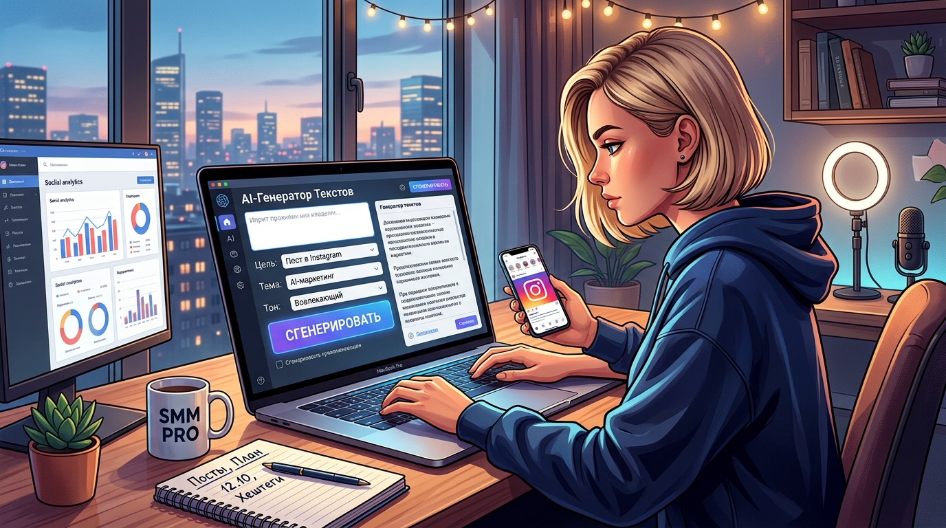 рабочее место SMM-специалиста с ноутбуком, на экране которого открыт генератор текстов на основе AI, атмосфера продуктивности
