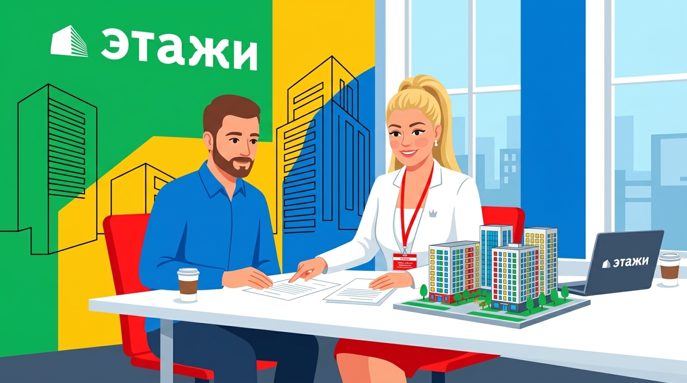 Новостройки Омска без комиссии: как купить квартиру безопасно в 2026 Консультация специалиста по недвижимости, женщина и мужчина обсуждают документы на фоне макета жилого комплекса