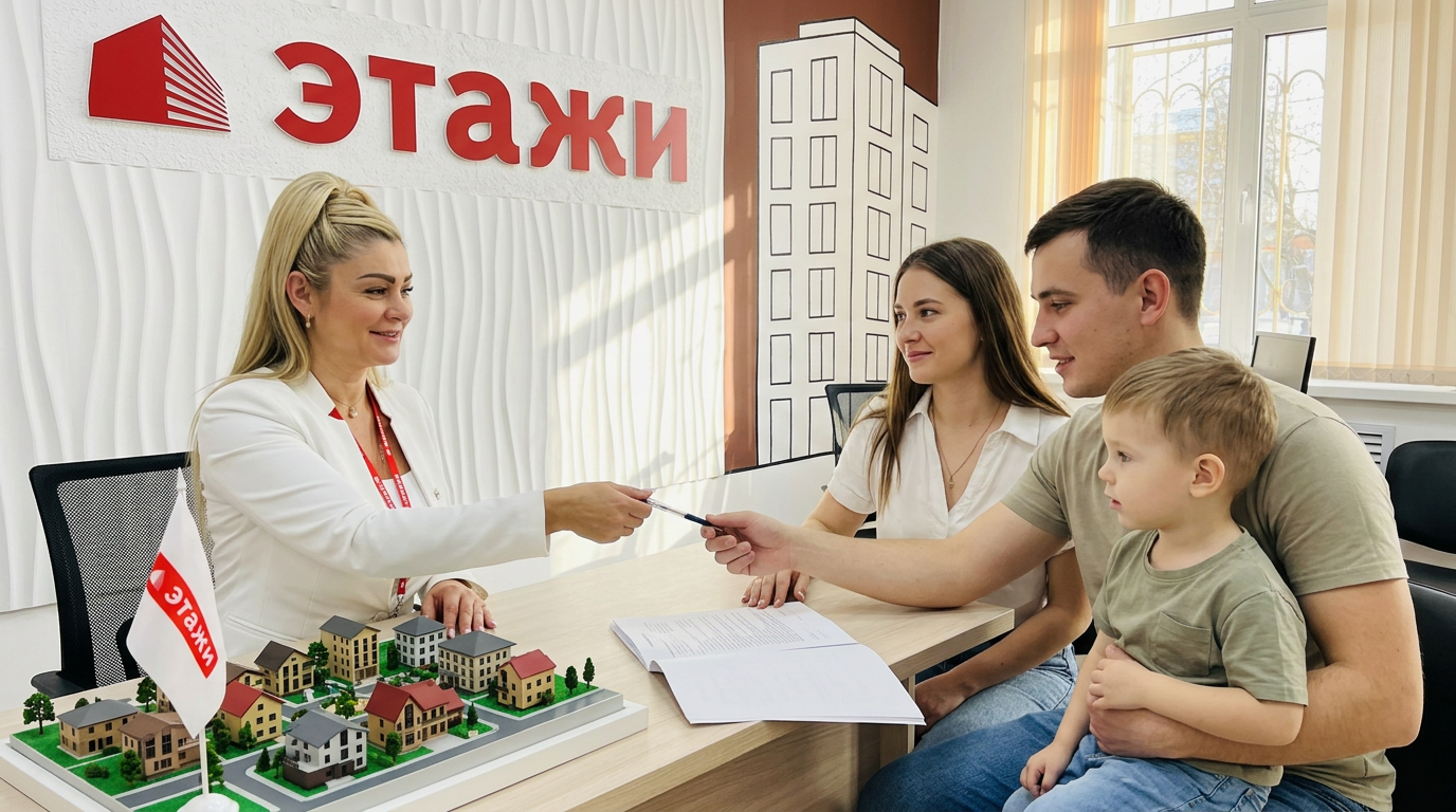 Семья с ребёнком подписывает документы в офисе агентства недвижимости на фоне макета дома