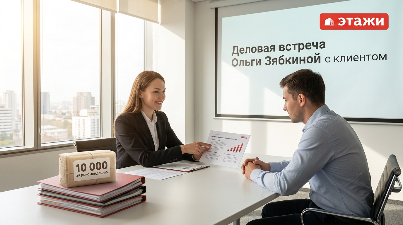 Купить квартиру в новостройке и заработать 10 000 ₽ на рекомендации Деловая встреча Ольги Зябкиной с клиентом в офисе компании "Этажи", яркий дневной свет, документы на столе
