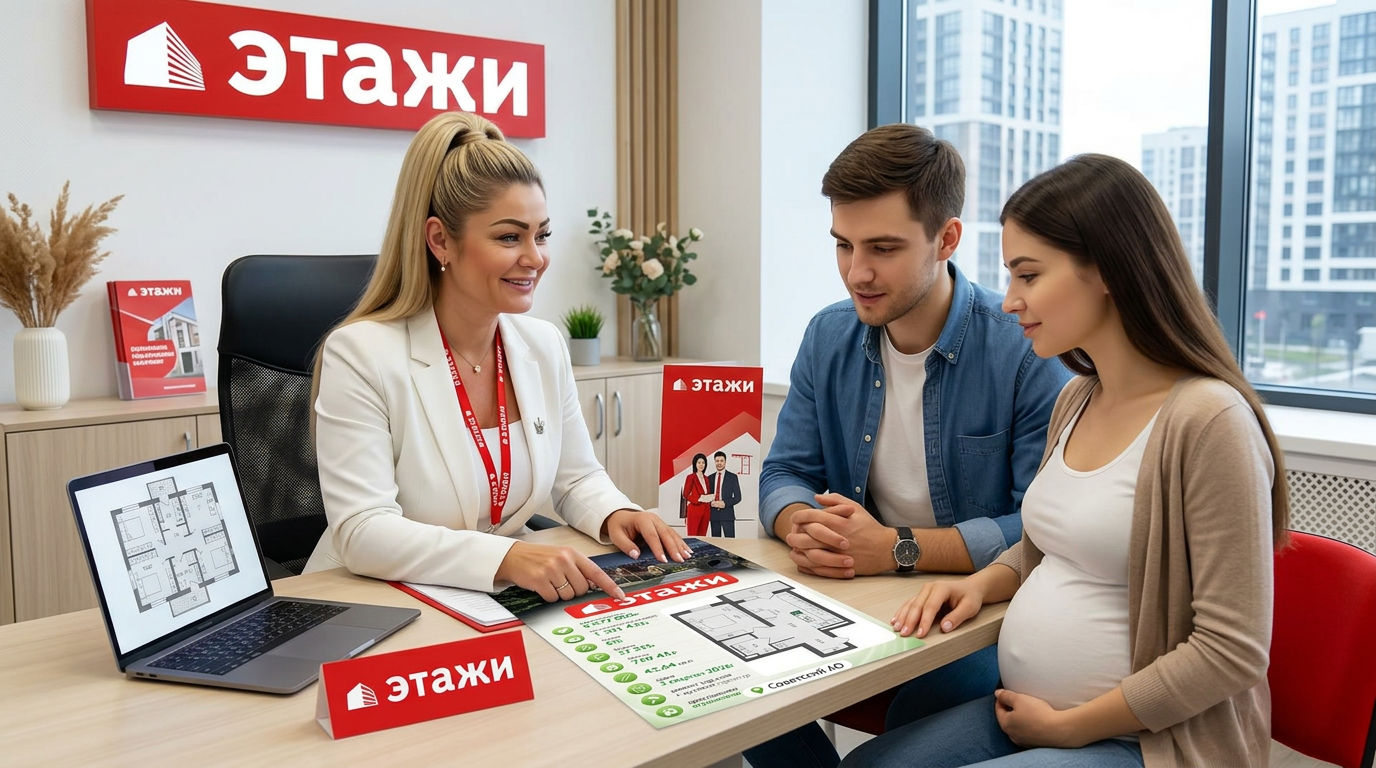 Специалист по недвижимости консультирует молодую семью в офисе компании, обсуждая ипотечные программы и варианты жилья