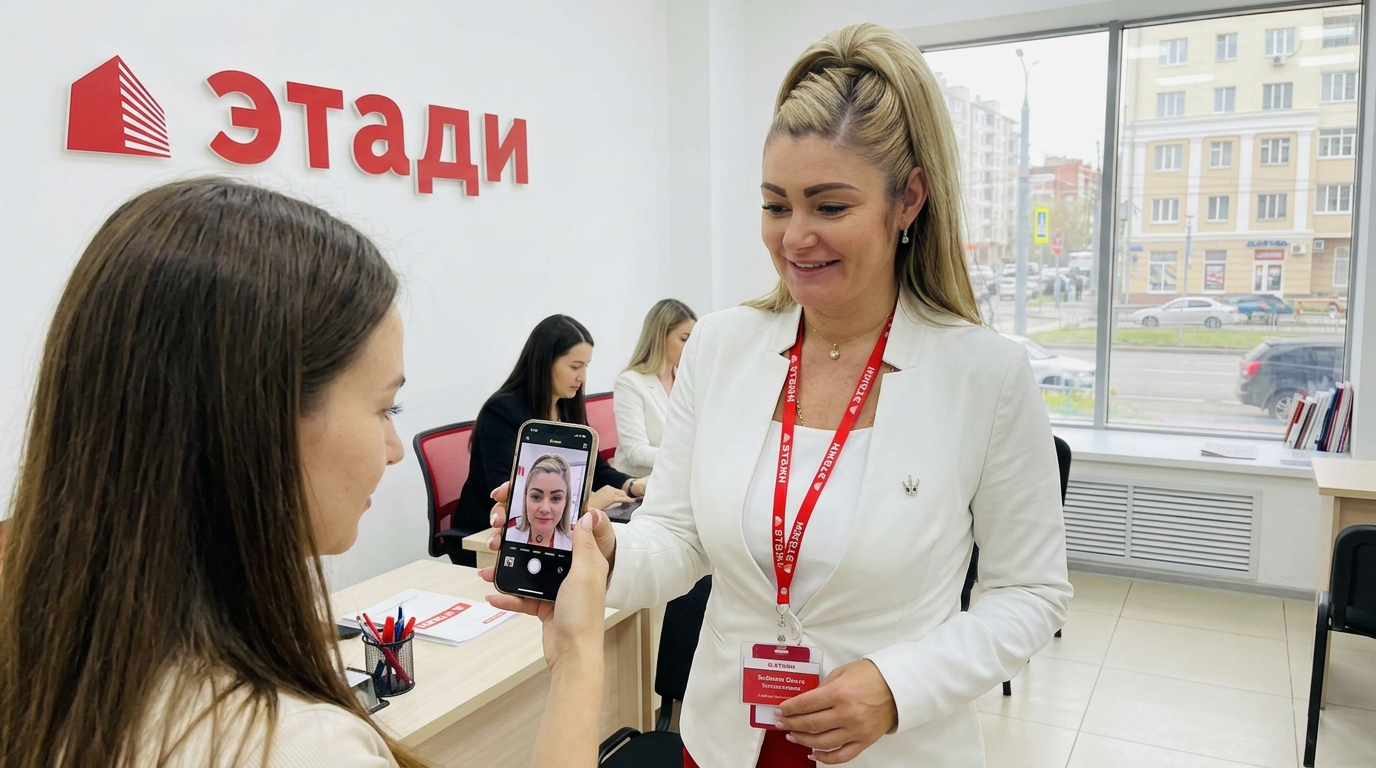 Биометрия в покупке квартиры Омск: 5 шагов к безопасности сделки с июля 2026 Офис агентства недвижимости с консультантом, демонстрирующим клиенту работу мобильного приложения для биометрии