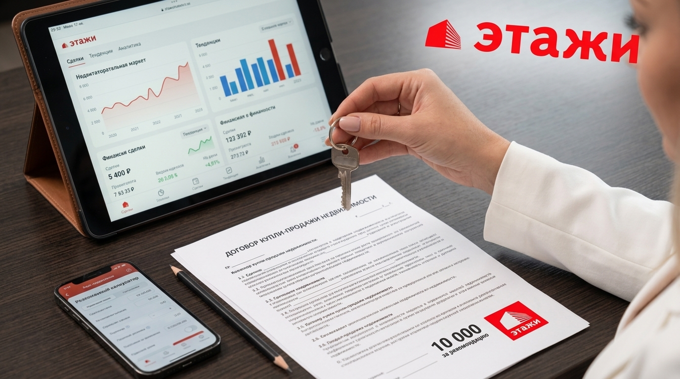 Дверной ключ и договор купли-продажи на фоне планшета с графиками и калькулятором, деловой стиль