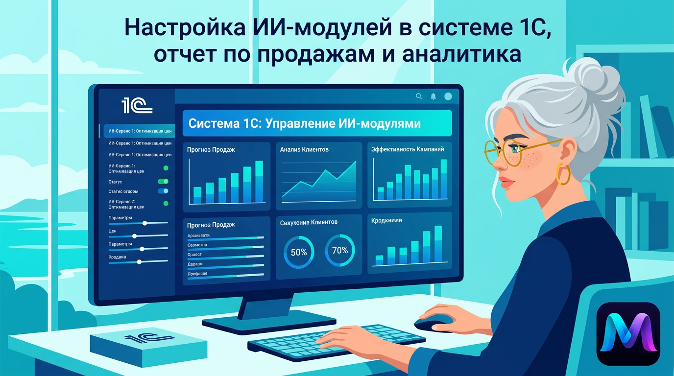Специалист проводит настройку ИИ-модулей в системе 1С, на экране — отчет по продажам и аналитика